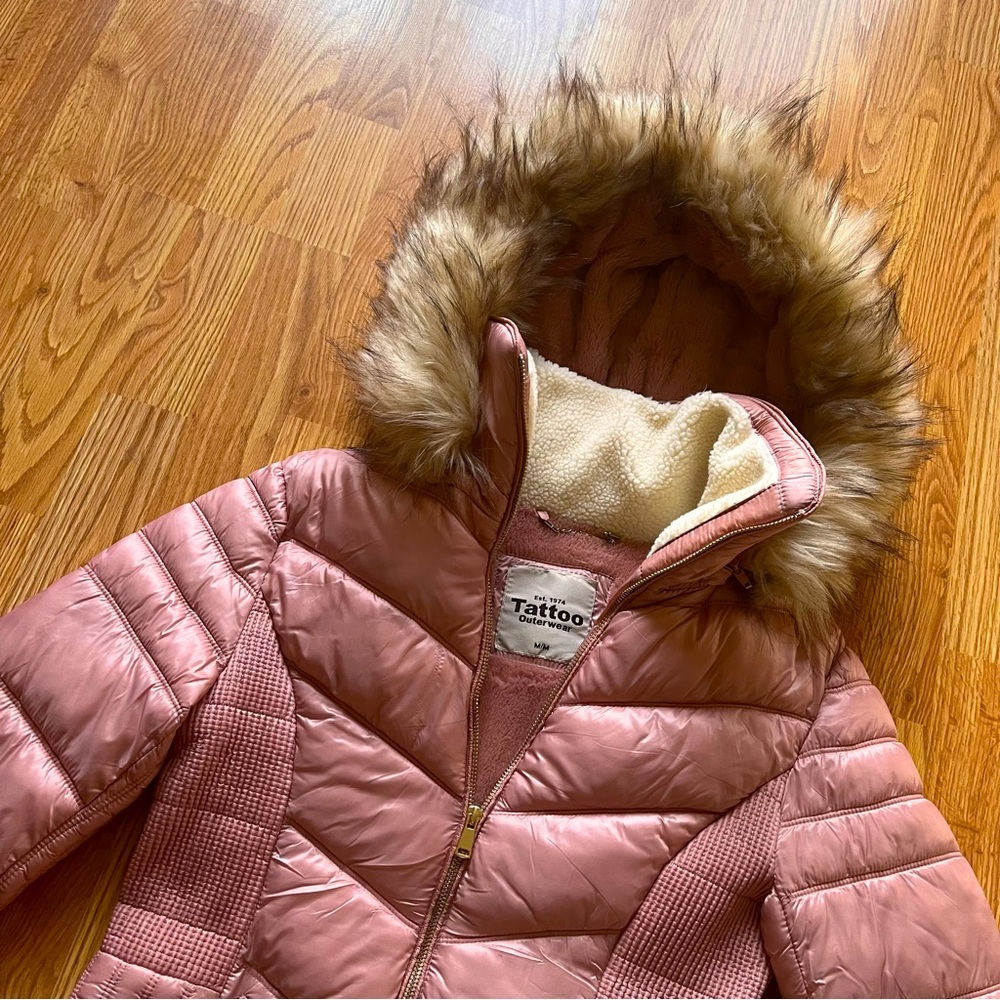 Eclipse/Tattoo - Blush Pink Puffer Jacket with Removable Faux Fur Hood